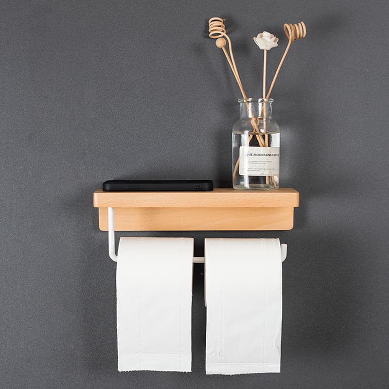 トイレットペーパーホルダー 木製収納棚付き壁掛け式多機能2連ホルダー