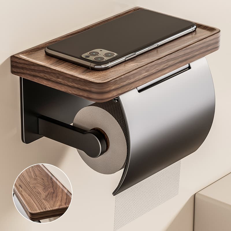 トイレットペーパーホルダー 木目調棚付きトイレットペーパーホルダー