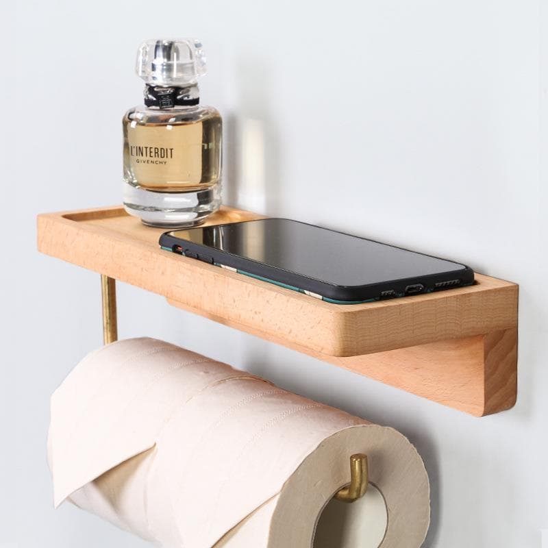トイレットペーパーホルダー 木製棚付き二連トイレットペーパーホルダー
