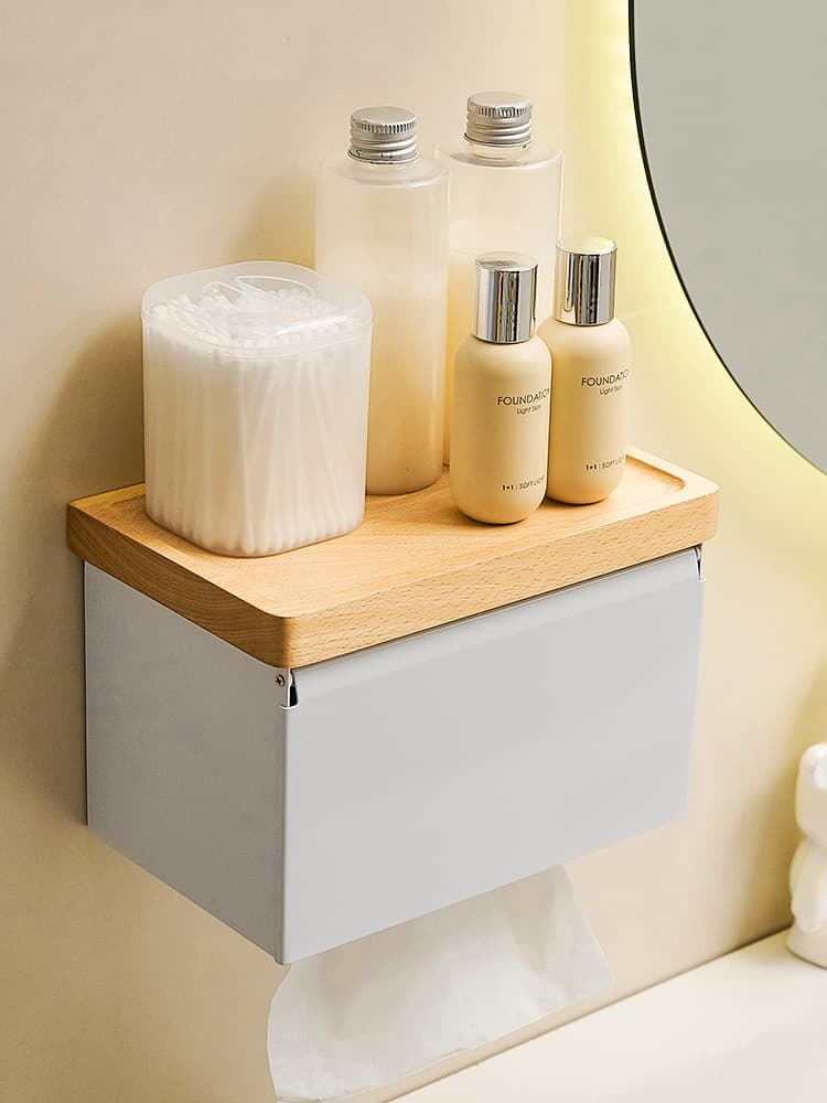 トイレットペーパーホルダー 壁掛け木製天板付きトイレットペーパーホルダー