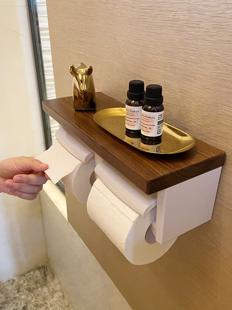 トイレットペーパーホルダー 木目調棚付き二連ホルダー