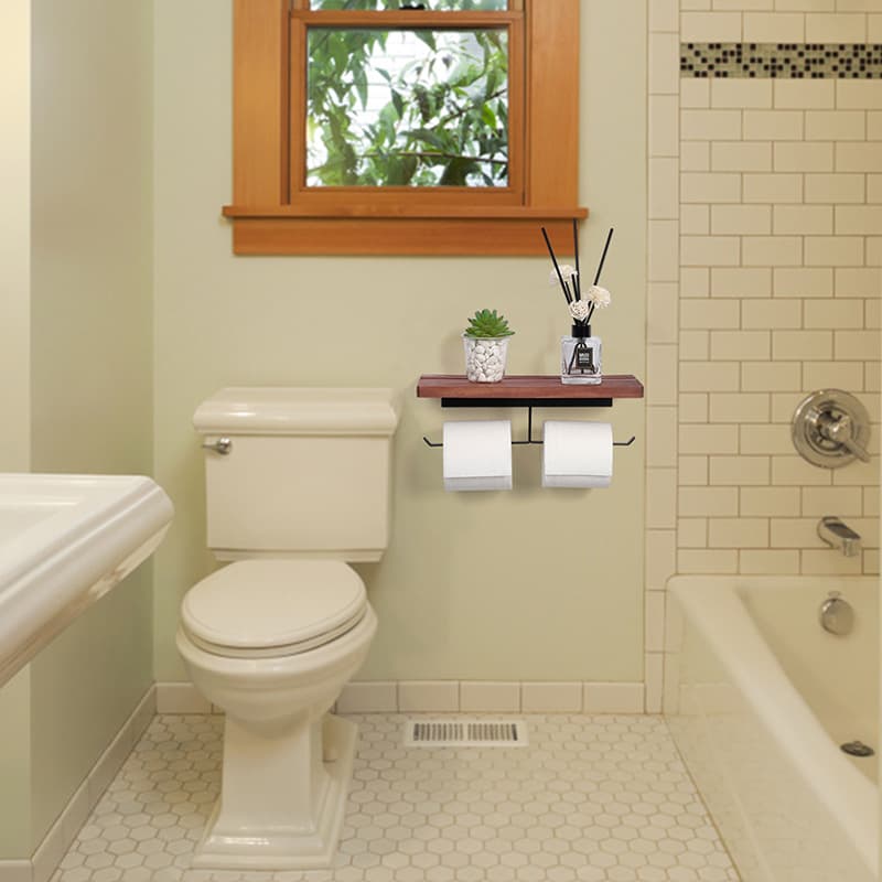 トイレットペーパーホルダー 木製棚板付き壁掛け2連トイレットペーパーホルダー