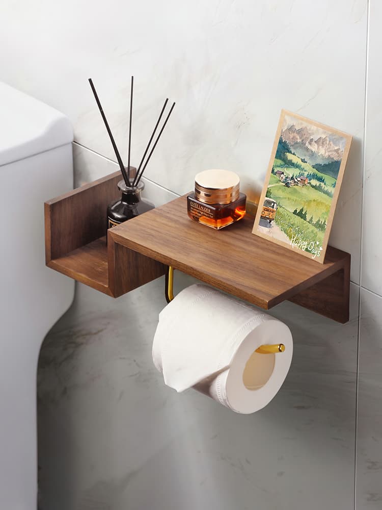 トイレットペーパーホルダー 天然木の多機能ペーパーホルダー棚