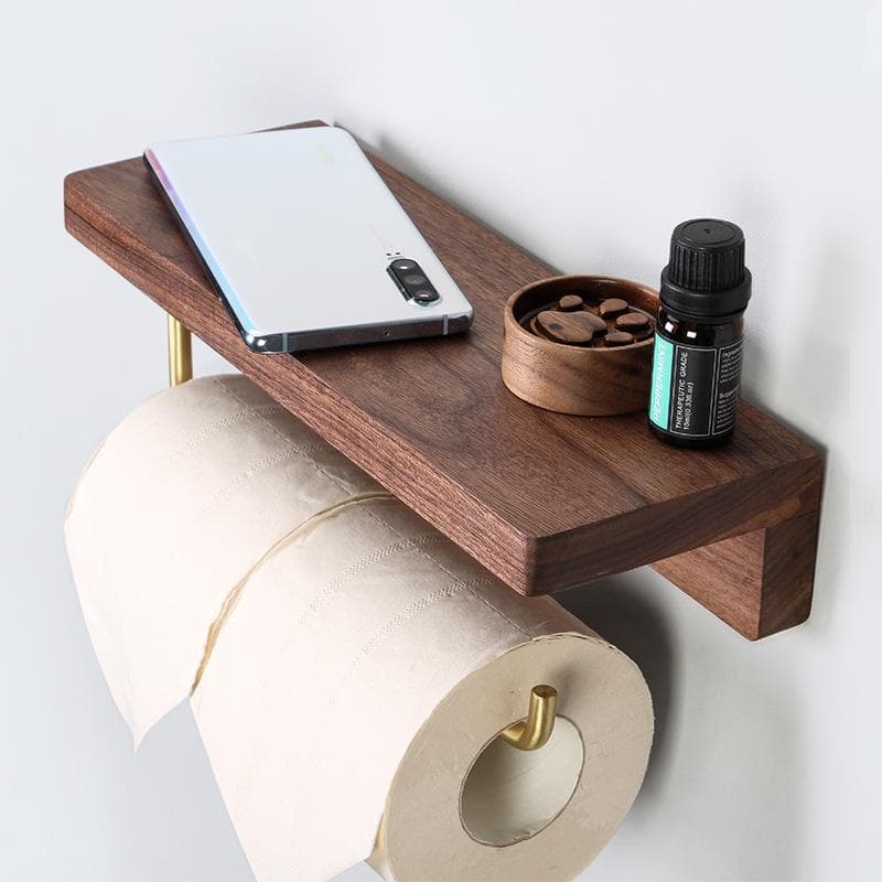 トイレットペーパーホルダー 木製棚付き二連トイレットペーパーホルダー