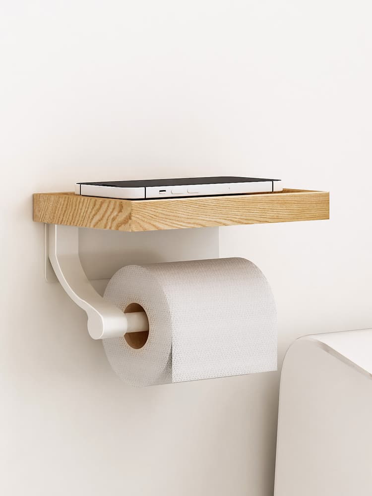 トイレットペーパーホルダー 木製収納棚付きトイレットペーパーホルダー