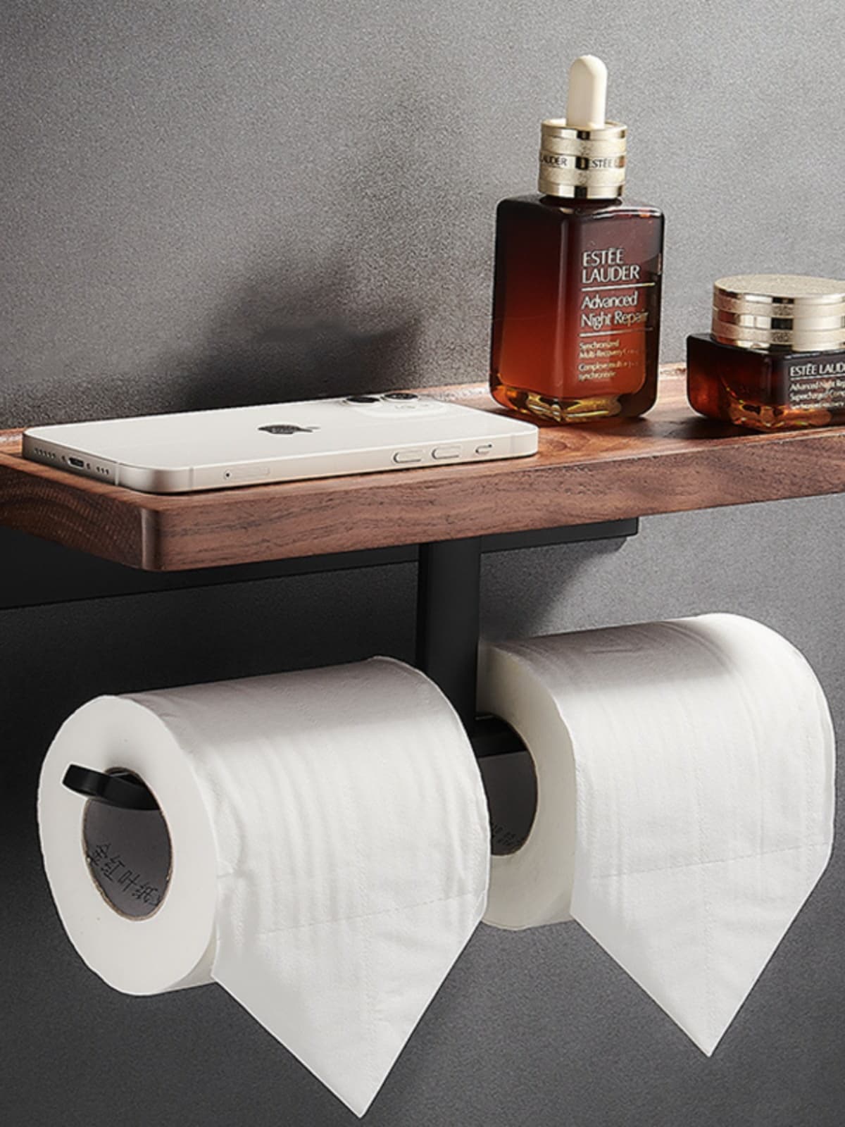トイレットペーパーホルダー 木製棚付き二連ホルダー