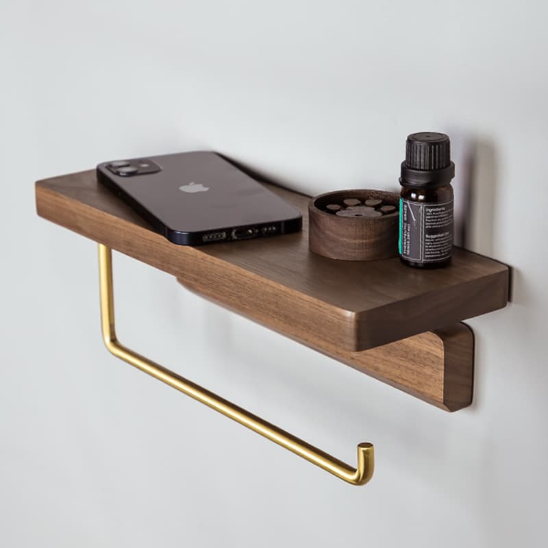 トイレットペーパーホルダー 天然木製二段棚付き　棚