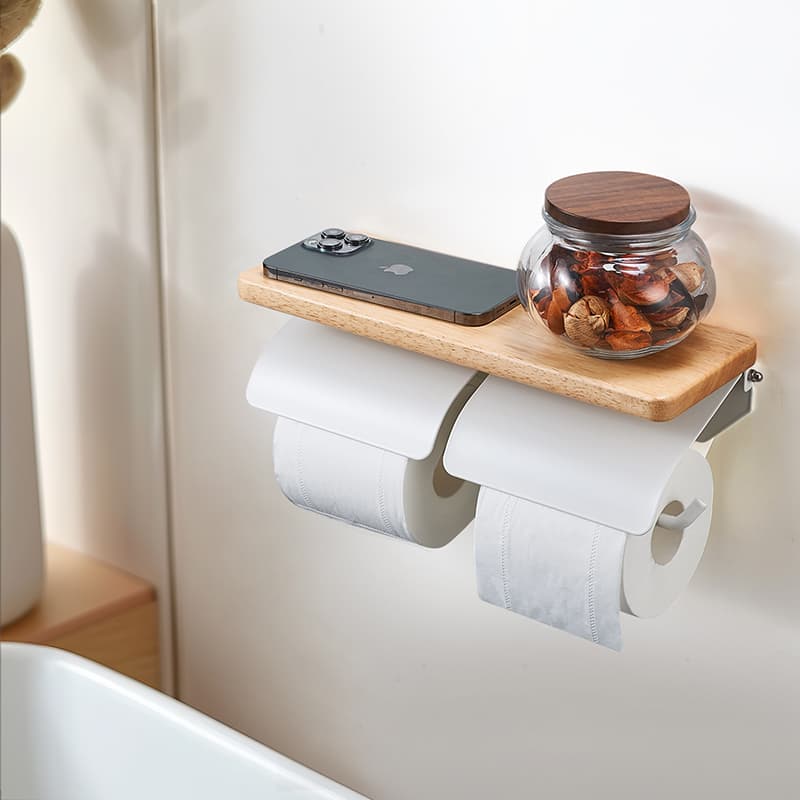 トイレットペーパーホルダー 木製棚付き壁掛け式トイレットペーパーホルダー