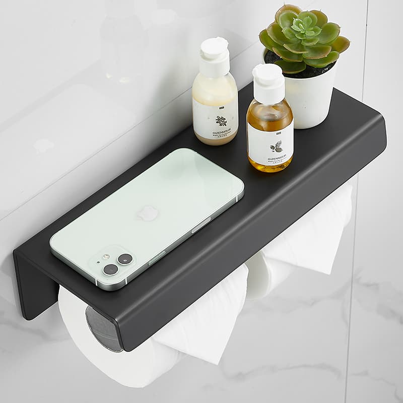 トイレットペーパーホルダー スマホ・小物置き対応棚付き2連ペーパーホルダー