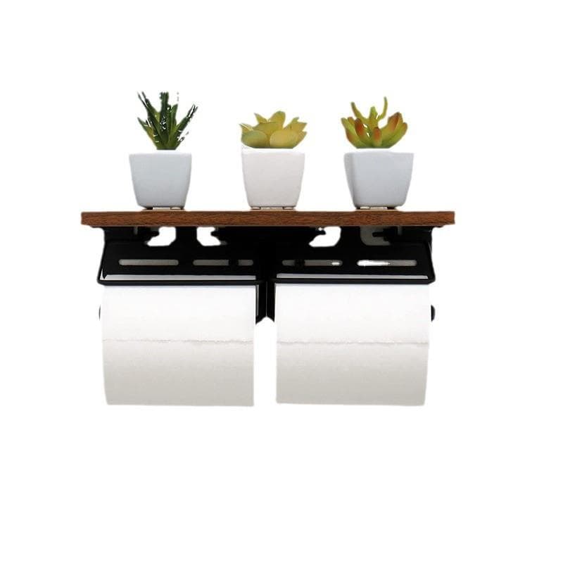 トイレットペーパーホルダー 木目調棚付き二連トイレットペーパーホルダー