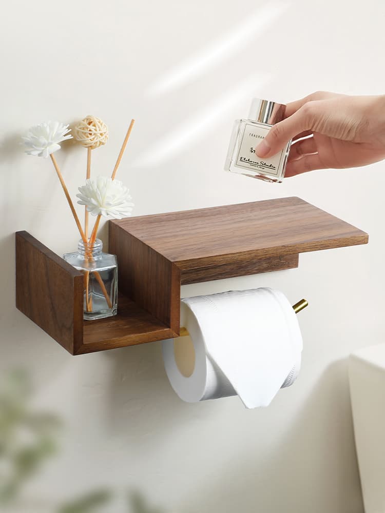 トイレットペーパーホルダー 天然木の多機能ペーパーホルダー棚