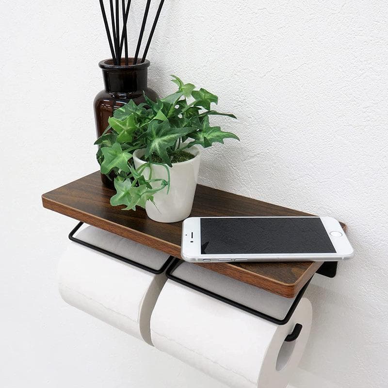 トイレットペーパーホルダー 木目調棚付き二連トイレットペーパーホルダー