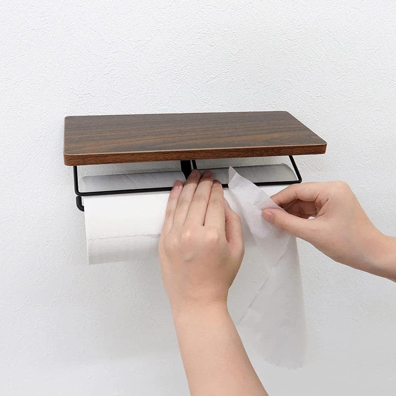 トイレットペーパーホルダー 木目調棚付き二連トイレットペーパーホルダー